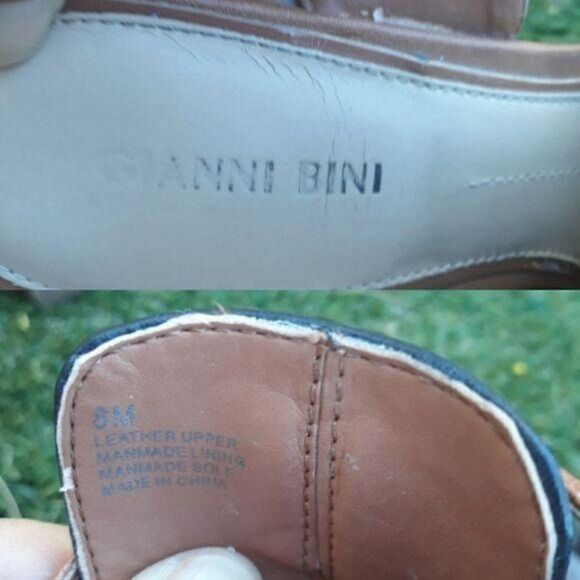 Gianni Bini Leather Heels Chunky 4" Thick Wrap Ankle Strap Black Tan Sz 8 - Picture 7 of 8